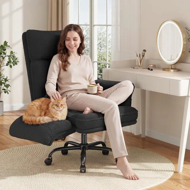 Alt view image 5 of 6 - Criss Cross Chair with Wheels and Arms, Teddy Plush Vanity Chair with Side Pockets, Adjustable Home Office Desk Chairs, Computer Chair for Home, Makeup and Office Use, Black