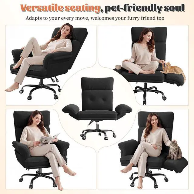 Alt view image 6 of 6 - Criss Cross Chair with Wheels and Arms, Teddy Plush Vanity Chair with Side Pockets, Adjustable Home Office Desk Chairs, Computer Chair for Home, Makeup and Office Use, Black