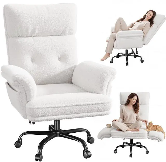Main image of Criss Cross Chair with Armrests & Wheels for Cross-Legged Sitting, Ergonomic Computer Gaming Chair with Two Side Pockets, Teddy Plush Wide Seat Reclining Desk Chair for Home, Office, Beige