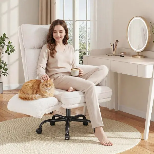 Alt view image 2 of 6 - Criss Cross Chair with Armrests & Wheels for Cross-Legged Sitting, Ergonomic Computer Gaming Chair with Two Side Pockets, Teddy Plush Wide Seat Reclining Desk Chair for Home, Office, Beige