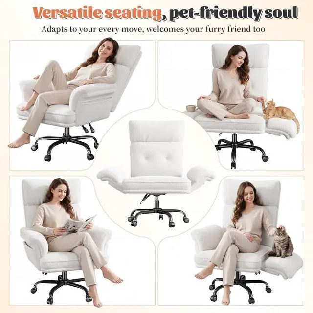 Alt view image 5 of 6 - Criss Cross Chair with Armrests & Wheels for Cross-Legged Sitting, Ergonomic Computer Gaming Chair with Two Side Pockets, Teddy Plush Wide Seat Reclining Desk Chair for Home, Office, Beige