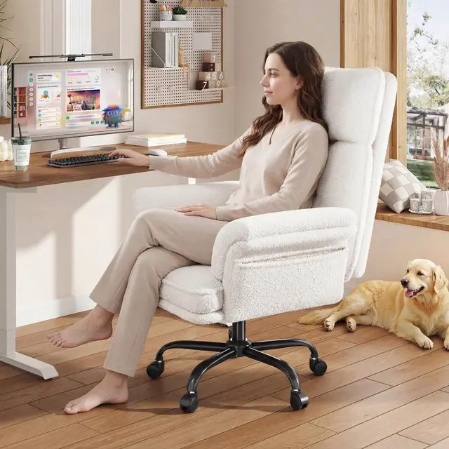 Alt view image 6 of 6 - Criss Cross Chair with Armrests & Wheels for Cross-Legged Sitting, Ergonomic Computer Gaming Chair with Two Side Pockets, Teddy Plush Wide Seat Reclining Desk Chair for Home, Office, Beige