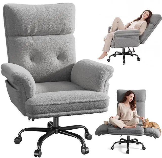 Main image of Office Chair with Wheels & Side Pockets,Flip Armrests for Pets & Cross Legged Sitting,Ergonomic Adjustable Vanity Chair Teddy Plush Office Desk Chair for Home, Makeup and Bedroom, Grey