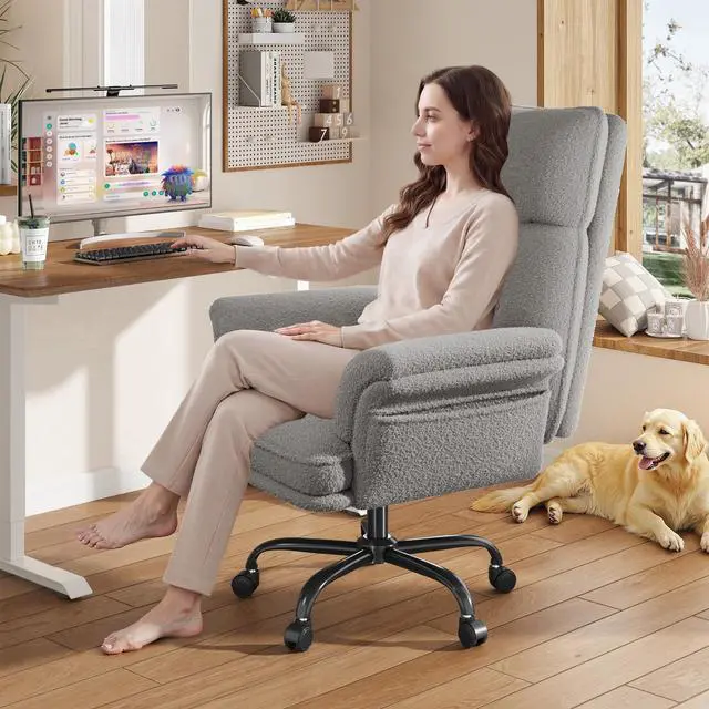 Alt view image 2 of 6 - Office Chair with Wheels & Side Pockets,Flip Armrests for Pets & Cross Legged Sitting,Ergonomic Adjustable Vanity Chair Teddy Plush Office Desk Chair for Home, Makeup and Bedroom, Grey