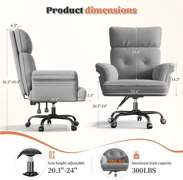 Alt view image 3 of 6 - Office Chair with Wheels & Side Pockets,Flip Armrests for Pets & Cross Legged Sitting,Ergonomic Adjustable Vanity Chair Teddy Plush Office Desk Chair for Home, Makeup and Bedroom, Grey