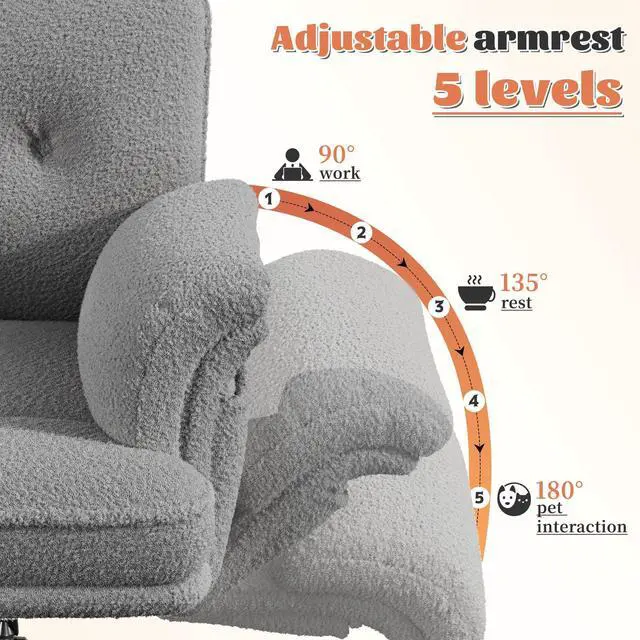 Alt view image 4 of 6 - Office Chair with Wheels & Side Pockets,Flip Armrests for Pets & Cross Legged Sitting,Ergonomic Adjustable Vanity Chair Teddy Plush Office Desk Chair for Home, Makeup and Bedroom, Grey
