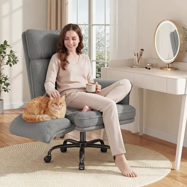 Alt view image 5 of 6 - Office Chair with Wheels & Side Pockets,Flip Armrests for Pets & Cross Legged Sitting,Ergonomic Adjustable Vanity Chair Teddy Plush Office Desk Chair for Home, Makeup and Bedroom, Grey