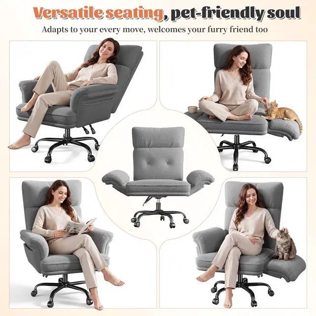 Alt view image 6 of 6 - Office Chair with Wheels & Side Pockets,Flip Armrests for Pets & Cross Legged Sitting,Ergonomic Adjustable Vanity Chair Teddy Plush Office Desk Chair for Home, Makeup and Bedroom, Grey