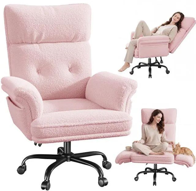 Main image of Big and Tall Office Chair with Adjustable Armrests & Wheels, 145° Reclining Desk Chair Comfy, Pink Vanity Chair for Home, Office, Bedroom, Teddy Plush