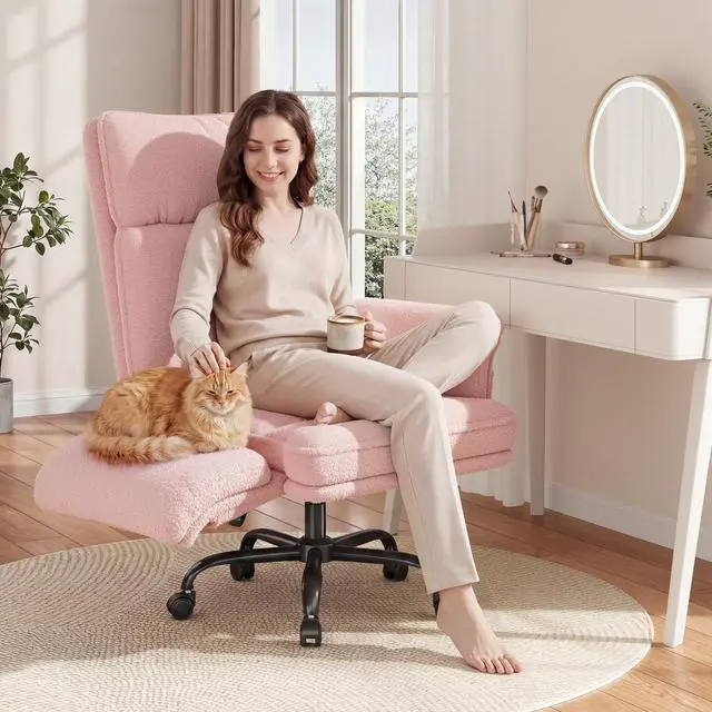 Alt view image 2 of 6 - Big and Tall Office Chair with Adjustable Armrests & Wheels, 145° Reclining Desk Chair Comfy, Pink Vanity Chair for Home, Office, Bedroom, Teddy Plush