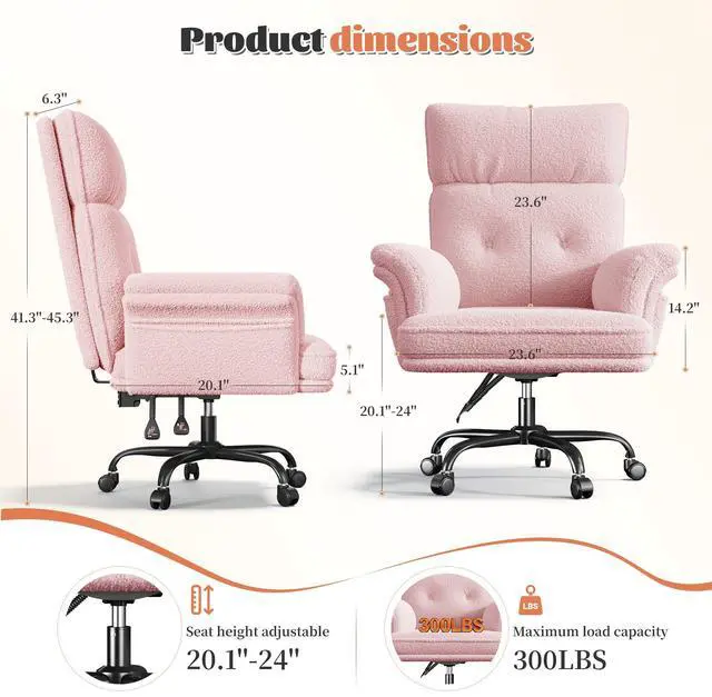 Alt view image 3 of 6 - Big and Tall Office Chair with Adjustable Armrests & Wheels, 145° Reclining Desk Chair Comfy, Pink Vanity Chair for Home, Office, Bedroom, Teddy Plush