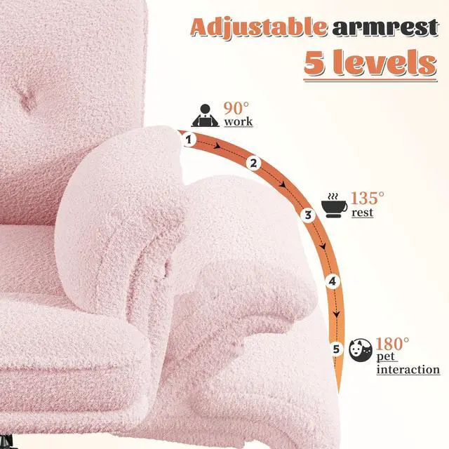 Alt view image 4 of 6 - Big and Tall Office Chair with Adjustable Armrests & Wheels, 145° Reclining Desk Chair Comfy, Pink Vanity Chair for Home, Office, Bedroom, Teddy Plush