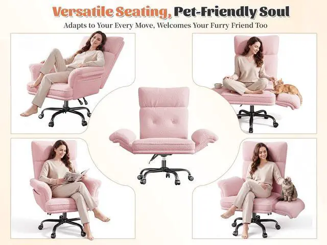Alt view image 5 of 6 - Big and Tall Office Chair with Adjustable Armrests & Wheels, 145° Reclining Desk Chair Comfy, Pink Vanity Chair for Home, Office, Bedroom, Teddy Plush