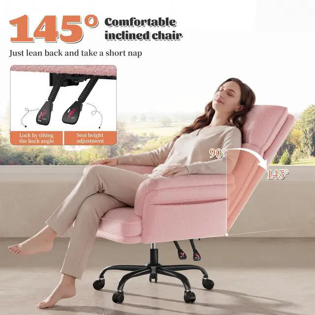 Alt view image 6 of 6 - Big and Tall Office Chair with Adjustable Armrests & Wheels, 145° Reclining Desk Chair Comfy, Pink Vanity Chair for Home, Office, Bedroom, Teddy Plush