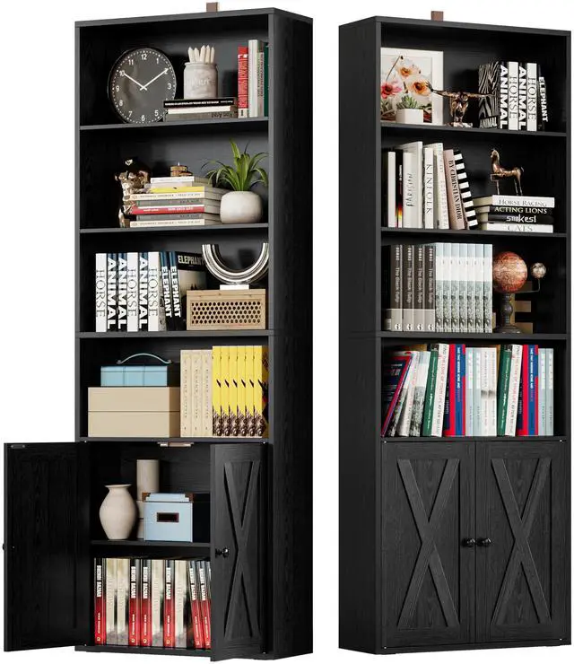 Main image of Industrial Bookshelves and Bookcases with Doors Set of 2 Floor Standing 6 Shelf Display Storage Shelves 70 in Tall Bookcase for Home Office, Living Room