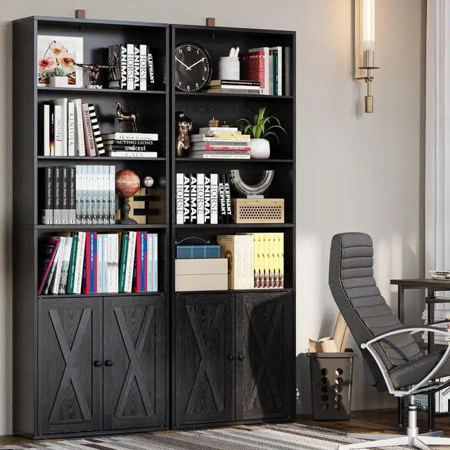 Alt view image 2 of 6 - Industrial Bookshelves and Bookcases with Doors Set of 2 Floor Standing 6 Shelf Display Storage Shelves 70 in Tall Bookcase for Home Office, Living Room