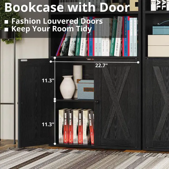 Alt view image 3 of 6 - Industrial Bookshelves and Bookcases with Doors Set of 2 Floor Standing 6 Shelf Display Storage Shelves 70 in Tall Bookcase for Home Office, Living Room