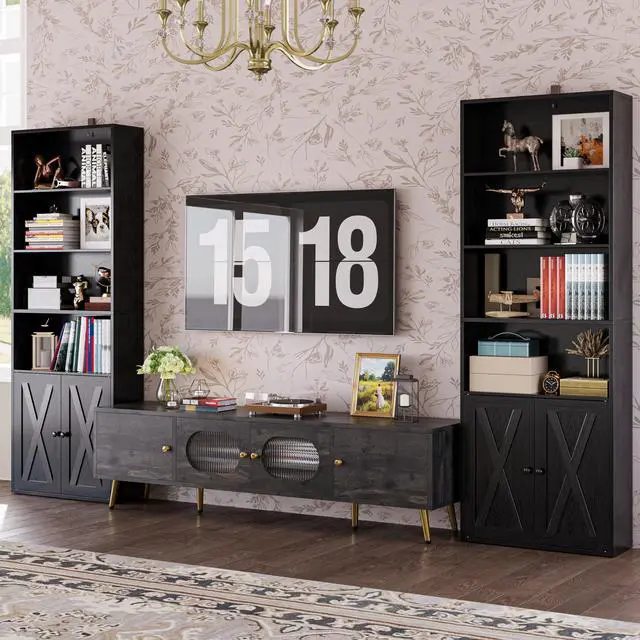 Alt view image 4 of 6 - Industrial Bookshelves and Bookcases with Doors Set of 2 Floor Standing 6 Shelf Display Storage Shelves 70 in Tall Bookcase for Home Office, Living Room