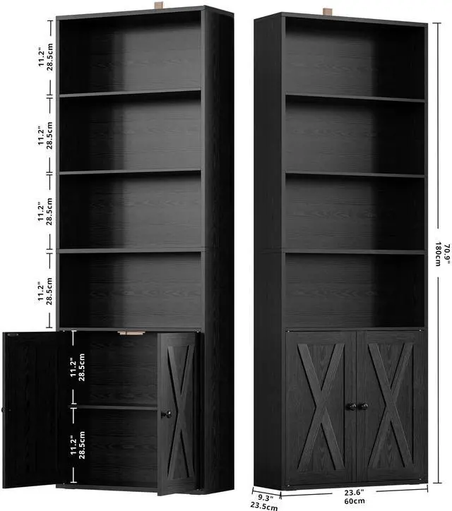 Alt view image 6 of 6 - Industrial Bookshelves and Bookcases with Doors Set of 2 Floor Standing 6 Shelf Display Storage Shelves 70 in Tall Bookcase for Home Office, Living Room