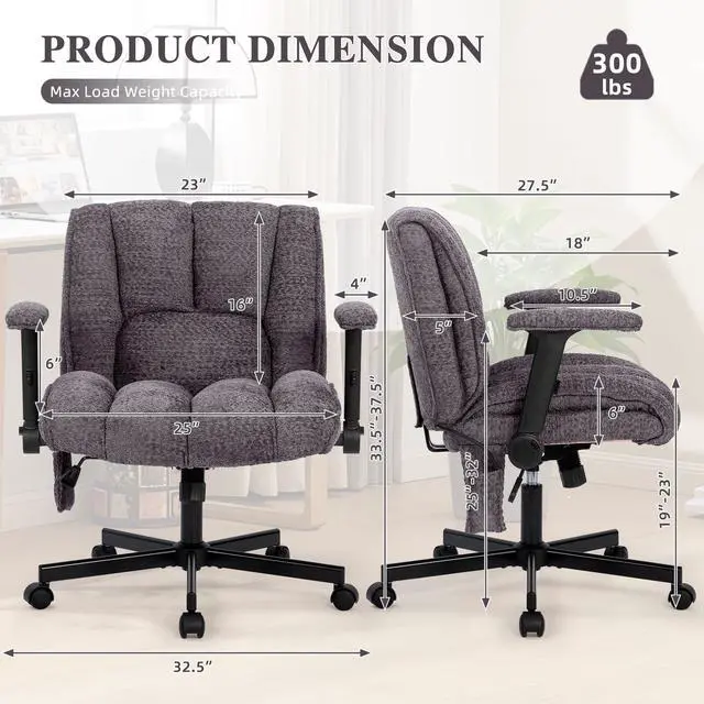 Alt view image 2 of 6 - Criss Cross Legged Office Chair with Flip-Up Arms and Wheels, Wide Seat Desk Chair with Built-in Dynamic Airbag Lumbar Support, Modern Cross-Leg Chair for Home Office, Apartment, Vanity, Grey