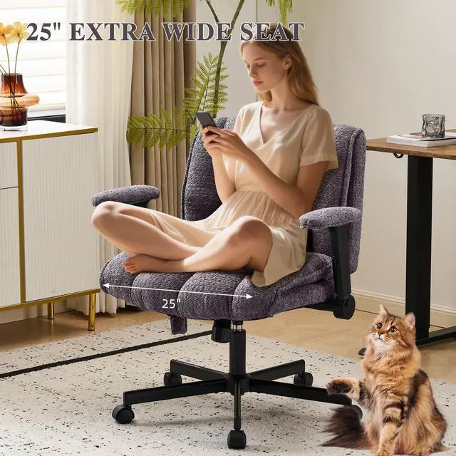 Alt view image 3 of 6 - Criss Cross Legged Office Chair with Flip-Up Arms and Wheels, Wide Seat Desk Chair with Built-in Dynamic Airbag Lumbar Support, Modern Cross-Leg Chair for Home Office, Apartment, Vanity, Grey