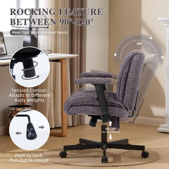Alt view image 5 of 6 - Criss Cross Legged Office Chair with Flip-Up Arms and Wheels, Wide Seat Desk Chair with Built-in Dynamic Airbag Lumbar Support, Modern Cross-Leg Chair for Home Office, Apartment, Vanity, Grey