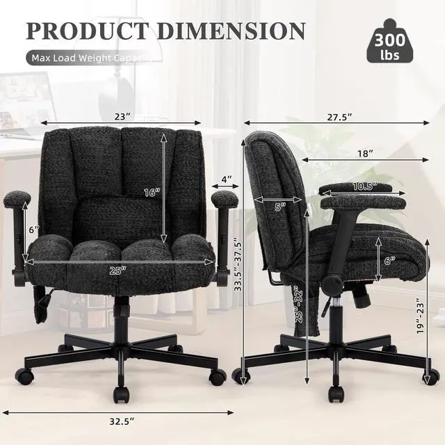 Alt view image 2 of 6 - Criss Cross Legged Office Chair with Flip-Up Arms and Wheels, Wide Seat Desk Chair with Built-In Dynamic Airbag Lumbar Support, Modern Cross-Leg Chair for Home Office, Apartment, Vanity, Black