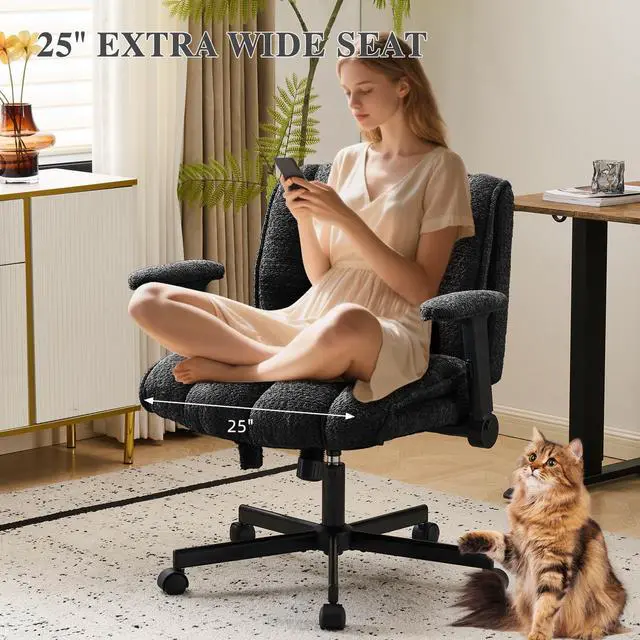 Alt view image 3 of 6 - Criss Cross Legged Office Chair with Flip-Up Arms and Wheels, Wide Seat Desk Chair with Built-In Dynamic Airbag Lumbar Support, Modern Cross-Leg Chair for Home Office, Apartment, Vanity, Black
