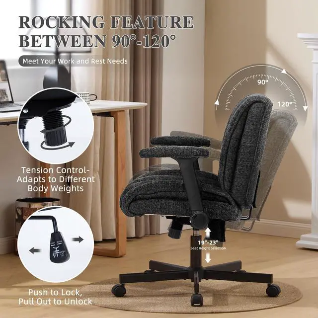 Alt view image 5 of 6 - Criss Cross Legged Office Chair with Flip-Up Arms and Wheels, Wide Seat Desk Chair with Built-In Dynamic Airbag Lumbar Support, Modern Cross-Leg Chair for Home Office, Apartment, Vanity, Black