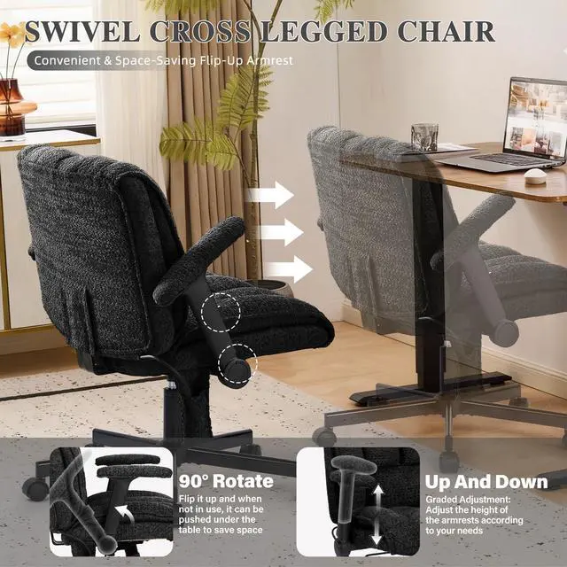 Alt view image 6 of 6 - Criss Cross Legged Office Chair with Flip-Up Arms and Wheels, Wide Seat Desk Chair with Built-In Dynamic Airbag Lumbar Support, Modern Cross-Leg Chair for Home Office, Apartment, Vanity, Black