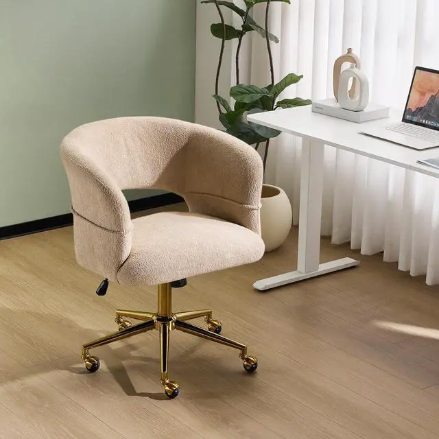 Main image of Modern Curved Office & Vanity Desk Chair, Cute Upholstered Nail Chair with Wheels & 360° Swivel & Club & Tilting & Gold Base, for Bedroom, Living Room, Makeup, Velvet Chenille, Khaki