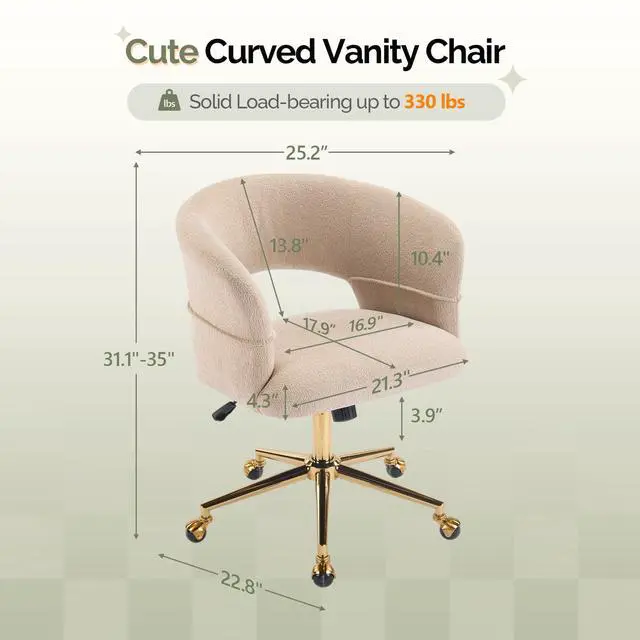 Alt view image 2 of 6 - Modern Curved Office & Vanity Desk Chair, Cute Upholstered Nail Chair with Wheels & 360° Swivel & Club & Tilting & Gold Base, for Bedroom, Living Room, Makeup, Velvet Chenille, Khaki