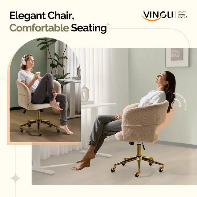 Alt view image 3 of 6 - Modern Curved Office & Vanity Desk Chair, Cute Upholstered Nail Chair with Wheels & 360° Swivel & Club & Tilting & Gold Base, for Bedroom, Living Room, Makeup, Velvet Chenille, Khaki