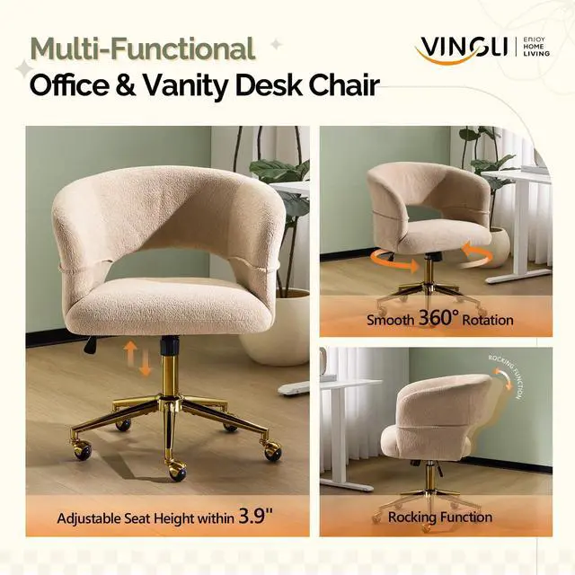 Alt view image 5 of 6 - Modern Curved Office & Vanity Desk Chair, Cute Upholstered Nail Chair with Wheels & 360° Swivel & Club & Tilting & Gold Base, for Bedroom, Living Room, Makeup, Velvet Chenille, Khaki