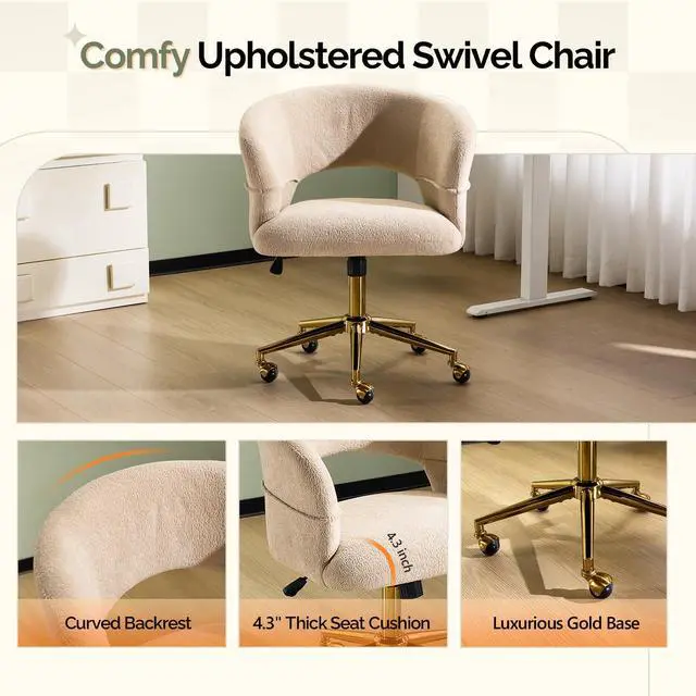 Alt view image 6 of 6 - Modern Curved Office & Vanity Desk Chair, Cute Upholstered Nail Chair with Wheels & 360° Swivel & Club & Tilting & Gold Base, for Bedroom, Living Room, Makeup, Velvet Chenille, Khaki