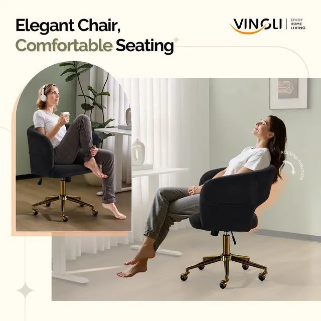Alt view image 2 of 6 - Modern Curved Office & Vanity Desk Chair, Cute Upholstered Nail Chair with Wheels & 360° Swivel & Club & Tilting & Gold Base, for Bedroom, Living Room, Makeup, Velvet Chenille, Black