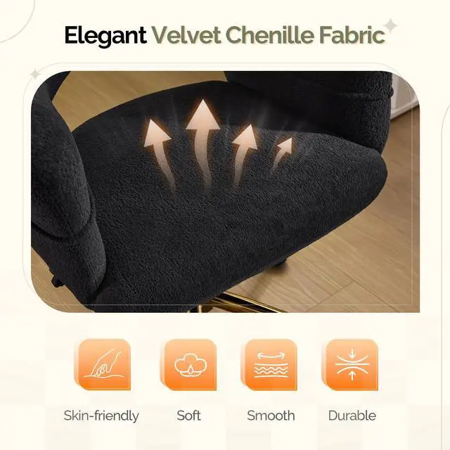 Alt view image 3 of 6 - Modern Curved Office & Vanity Desk Chair, Cute Upholstered Nail Chair with Wheels & 360° Swivel & Club & Tilting & Gold Base, for Bedroom, Living Room, Makeup, Velvet Chenille, Black