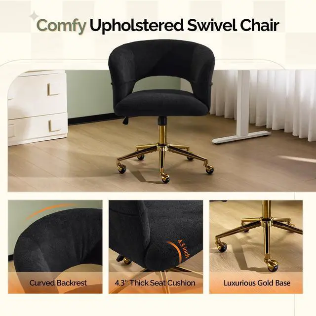 Alt view image 4 of 6 - Modern Curved Office & Vanity Desk Chair, Cute Upholstered Nail Chair with Wheels & 360° Swivel & Club & Tilting & Gold Base, for Bedroom, Living Room, Makeup, Velvet Chenille, Black