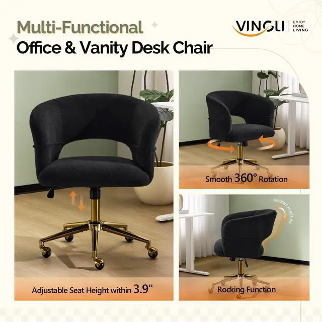 Alt view image 5 of 6 - Modern Curved Office & Vanity Desk Chair, Cute Upholstered Nail Chair with Wheels & 360° Swivel & Club & Tilting & Gold Base, for Bedroom, Living Room, Makeup, Velvet Chenille, Black