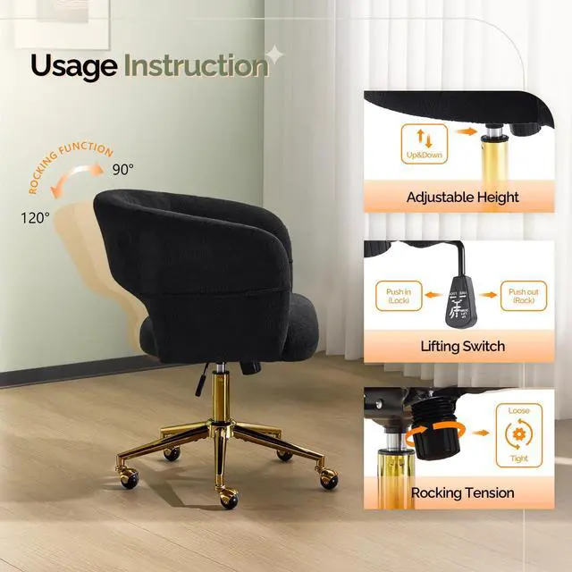Alt view image 6 of 6 - Modern Curved Office & Vanity Desk Chair, Cute Upholstered Nail Chair with Wheels & 360° Swivel & Club & Tilting & Gold Base, for Bedroom, Living Room, Makeup, Velvet Chenille, Black
