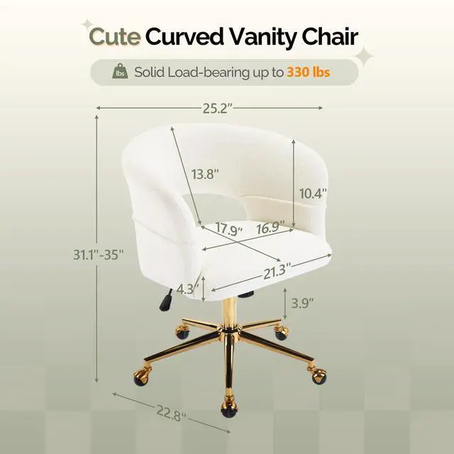 Alt view image 2 of 6 - Modern Curved Office & Vanity Desk Chair, Cute Upholstered Nail Chair with Wheels & 360° Swivel & Club & Tilting & Gold Base, for Bedroom, Living Room, Makeup, Velvet Chenille, White
