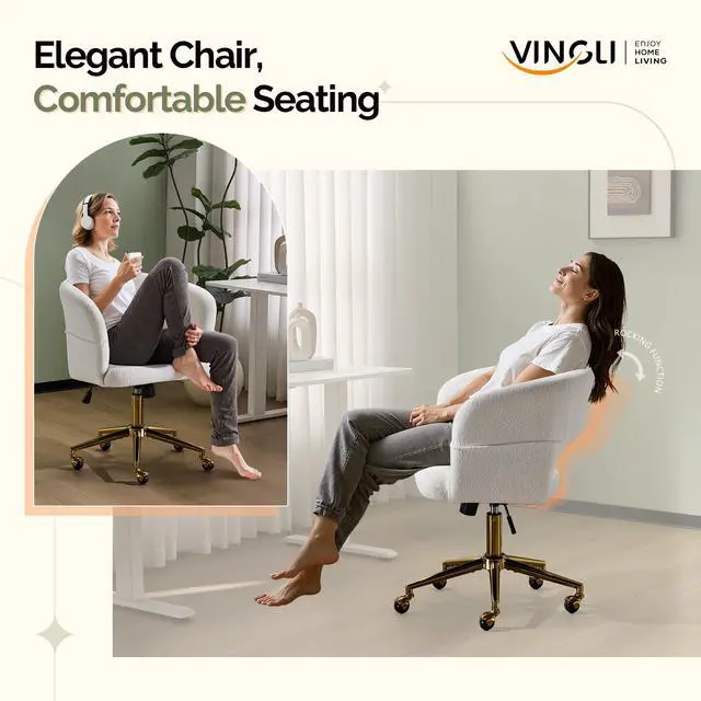 Alt view image 3 of 6 - Modern Curved Office & Vanity Desk Chair, Cute Upholstered Nail Chair with Wheels & 360° Swivel & Club & Tilting & Gold Base, for Bedroom, Living Room, Makeup, Velvet Chenille, White