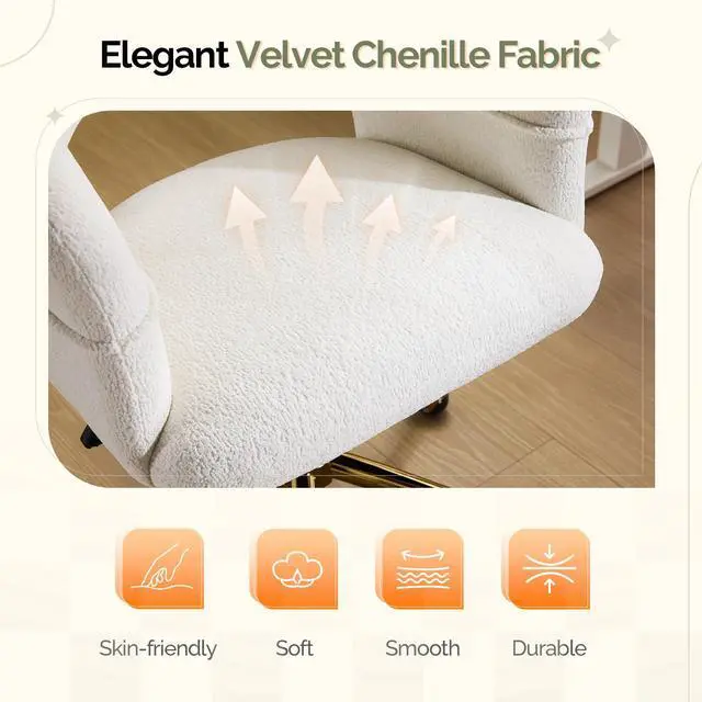 Alt view image 4 of 6 - Modern Curved Office & Vanity Desk Chair, Cute Upholstered Nail Chair with Wheels & 360° Swivel & Club & Tilting & Gold Base, for Bedroom, Living Room, Makeup, Velvet Chenille, White