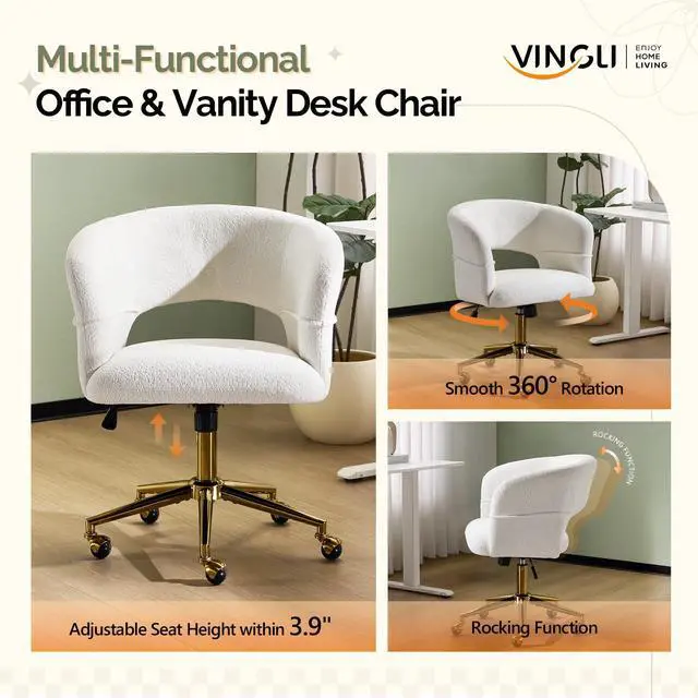 Alt view image 5 of 6 - Modern Curved Office & Vanity Desk Chair, Cute Upholstered Nail Chair with Wheels & 360° Swivel & Club & Tilting & Gold Base, for Bedroom, Living Room, Makeup, Velvet Chenille, White