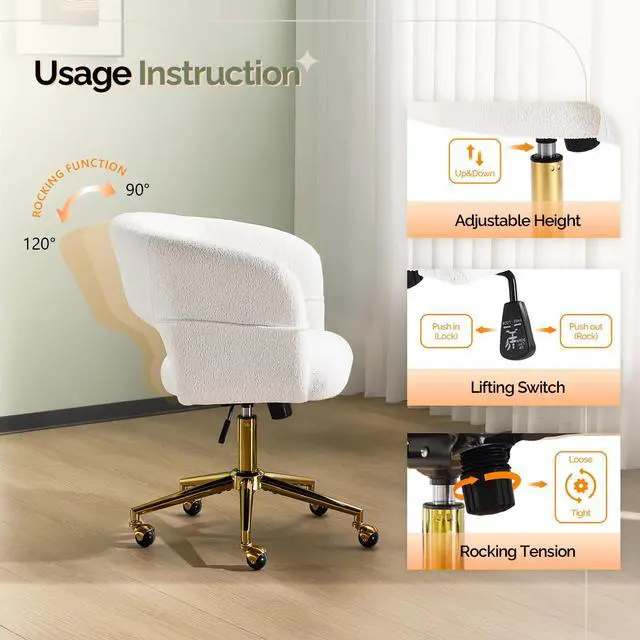 Alt view image 6 of 6 - Modern Curved Office & Vanity Desk Chair, Cute Upholstered Nail Chair with Wheels & 360° Swivel & Club & Tilting & Gold Base, for Bedroom, Living Room, Makeup, Velvet Chenille, White