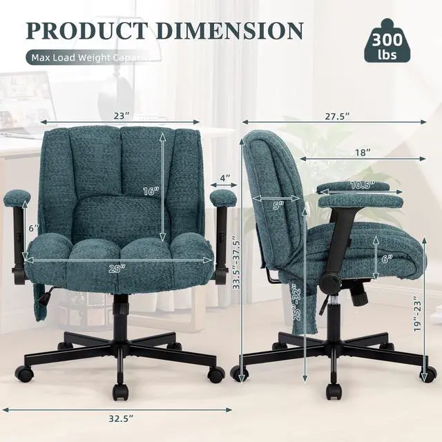 Alt view image 2 of 6 - Criss Cross Legged Office Chair with Flip-Up Arms and Wheels, Wide Seat Desk Chair with Built-In Dynamic Airbag Lumbar Support, Modern Cross-Leg Chair for Home Office, Apartment, Vanity, Dark Green