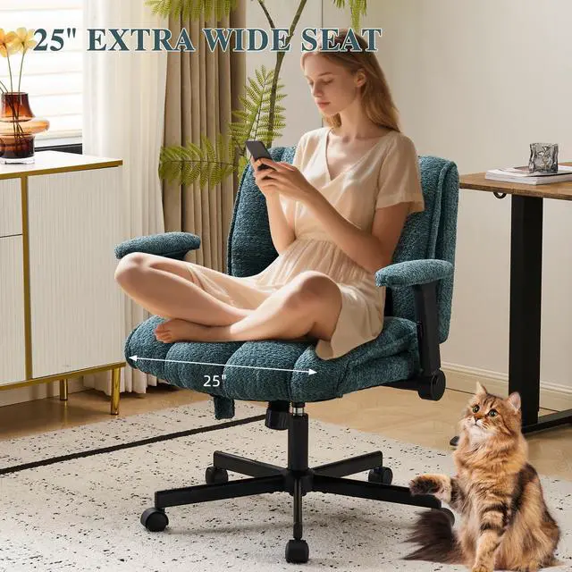 Alt view image 3 of 6 - Criss Cross Legged Office Chair with Flip-Up Arms and Wheels, Wide Seat Desk Chair with Built-In Dynamic Airbag Lumbar Support, Modern Cross-Leg Chair for Home Office, Apartment, Vanity, Dark Green