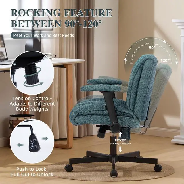 Alt view image 5 of 6 - Criss Cross Legged Office Chair with Flip-Up Arms and Wheels, Wide Seat Desk Chair with Built-In Dynamic Airbag Lumbar Support, Modern Cross-Leg Chair for Home Office, Apartment, Vanity, Dark Green