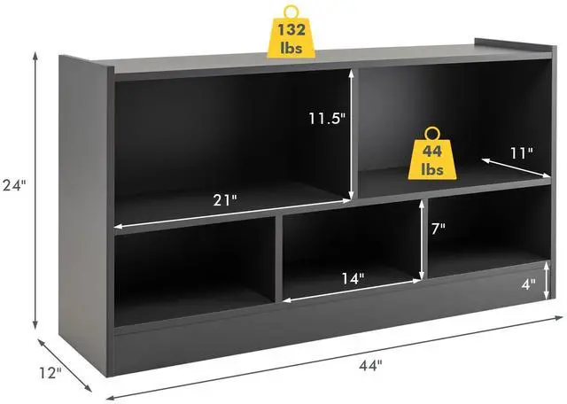 Alt view image 3 of 6 - 5 Cube Bookcase, 2 Tier Wooden Storage Open Bookshelf, Multipurpose Display Storage Cabinet for Living Room, Bedroom, Hallway, Kid's Playroom, Reading Nook (Grey)