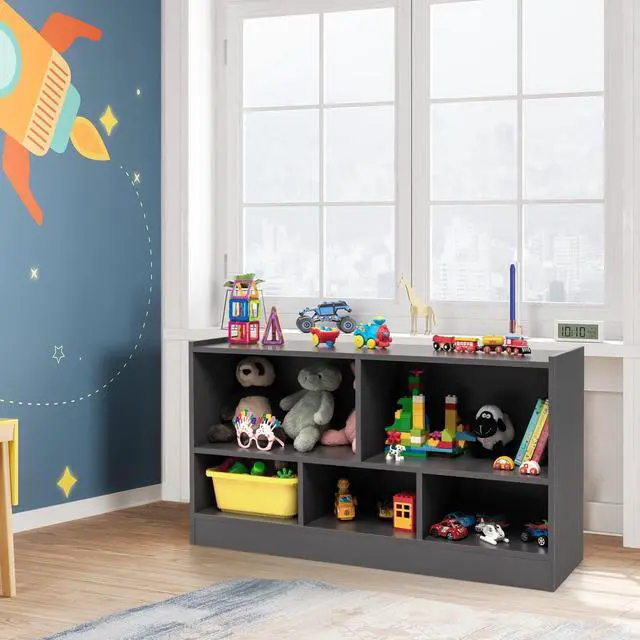 Alt view image 4 of 6 - 5 Cube Bookcase, 2 Tier Wooden Storage Open Bookshelf, Multipurpose Display Storage Cabinet for Living Room, Bedroom, Hallway, Kid's Playroom, Reading Nook (Grey)